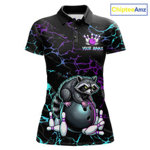 Load image into Gallery viewer, Neon Blue Purple Funny Raccoon Bowling Team Shirt Customized Bowling League Polo &amp; 1/4 Zip Gift For Women NBT893