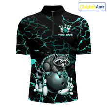 Load image into Gallery viewer, Turquoise Funny Raccoon Bowling Team Shirt Customized Bowling League Polo &amp; 1/4 Zip Gift For Men NBT895