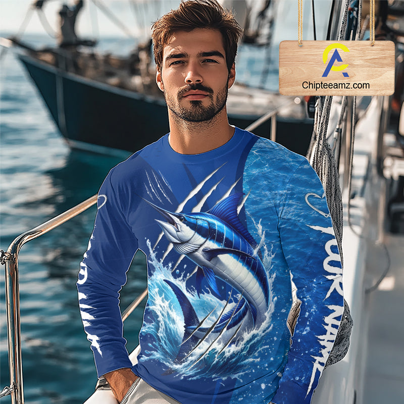 Marlin Fishing Custom Long Sleeve Performance Fishing Shirts, Marlin Saltwater Fishing Shirt NBT720