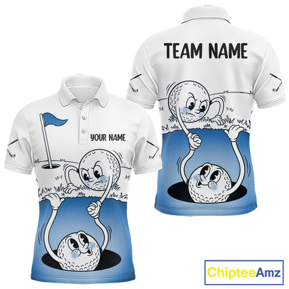Blue Funny Golf Rescue Team Polo Shirt Custom Name, Golf Ball Cartoon Polo, White Golf Shirt NBT599