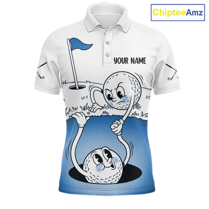 Blue Funny Golf Rescue Team Polo Shirt Custom Name, Golf Ball Cartoon Polo, White Golf Shirt NBT599