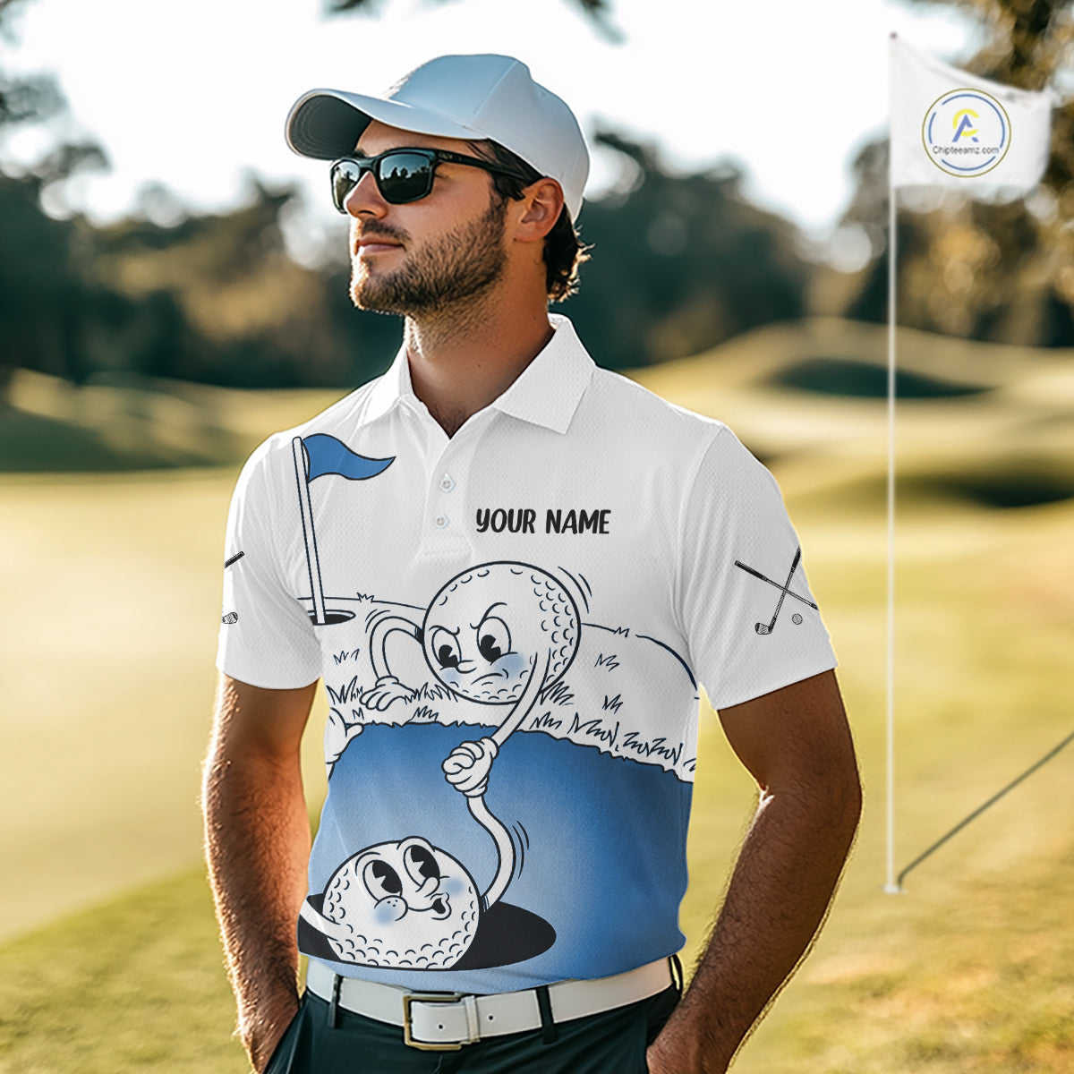 Blue Funny Golf Rescue Team Polo Shirt Custom Name, Golf Ball Cartoon Polo, White Golf Shirt NBT599