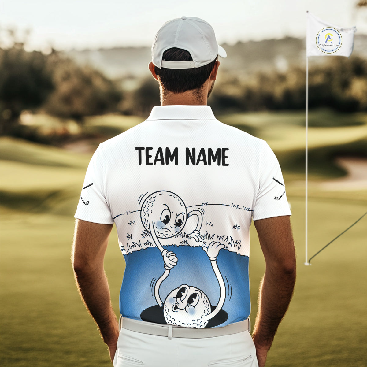 Blue Funny Golf Rescue Team Polo Shirt Custom Name, Golf Ball Cartoon Polo, White Golf Shirt NBT599