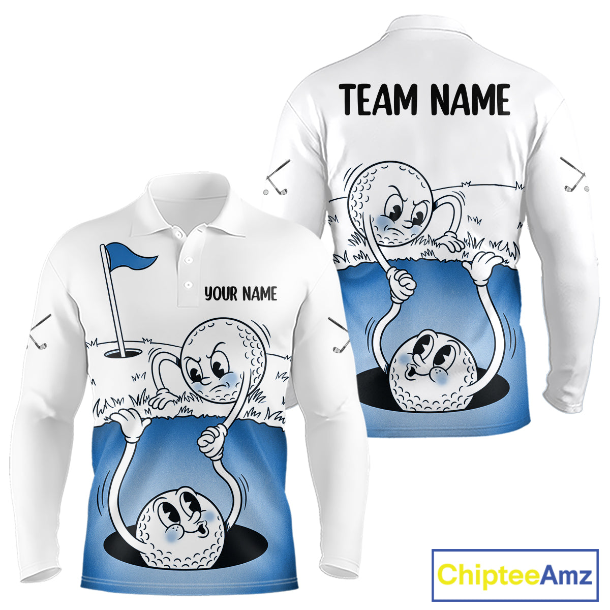 Blue Funny Golf Rescue Team Polo Shirt Custom Name, Golf Ball Cartoon Polo, White Golf Shirt NBT599