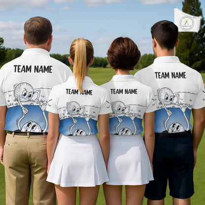 Blue Funny Golf Rescue Team Polo Shirt Custom Name, Golf Ball Cartoon Polo, White Golf Shirt NBT599
