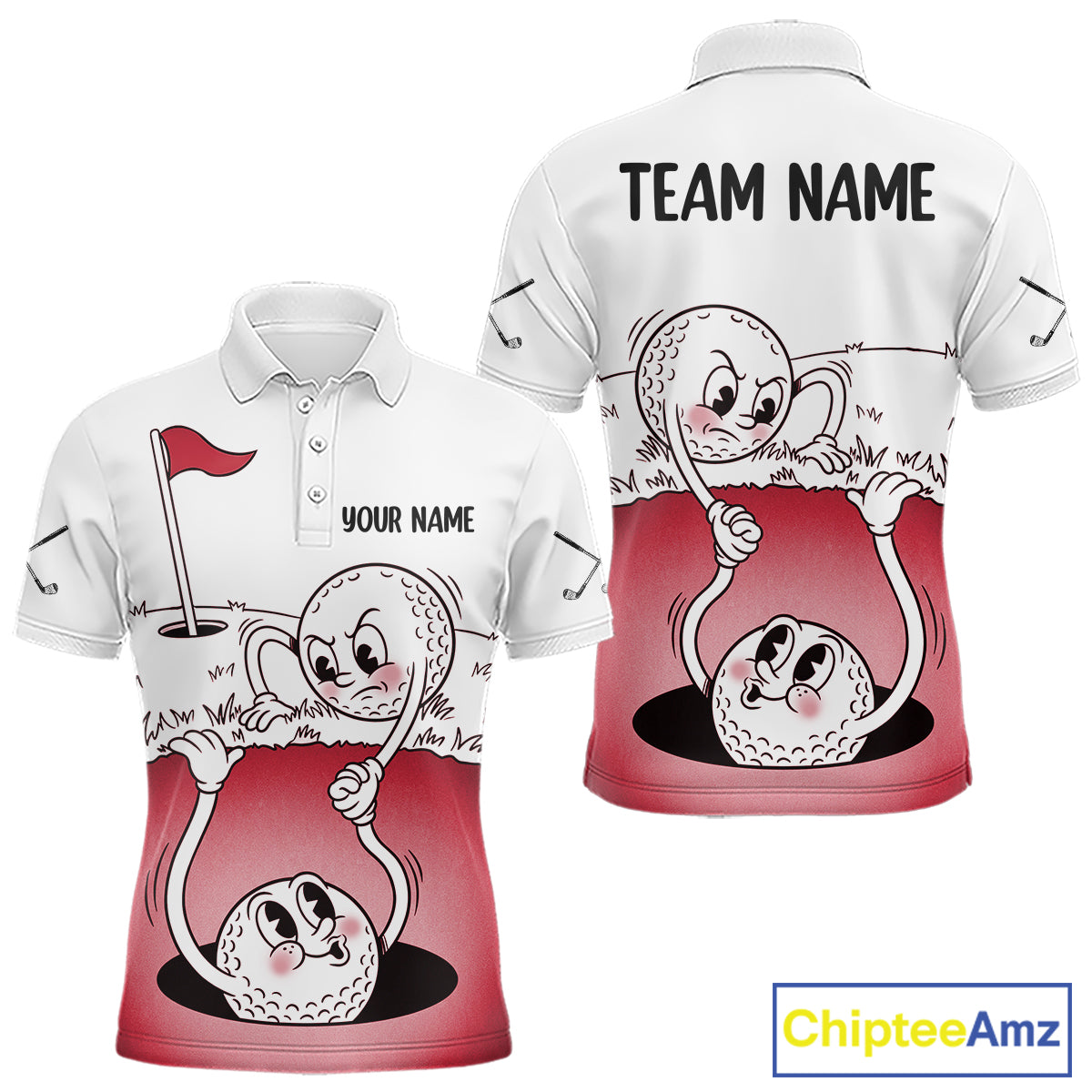 Red Funny Golf Rescue Team Polo Shirt Custom Name, Golf Ball Cartoon Polo, White Golf Shirt NBT601
