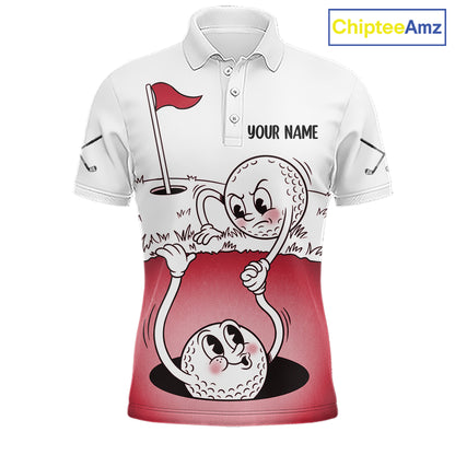 Red Funny Golf Rescue Team Polo Shirt Custom Name, Golf Ball Cartoon Polo, White Golf Shirt NBT601