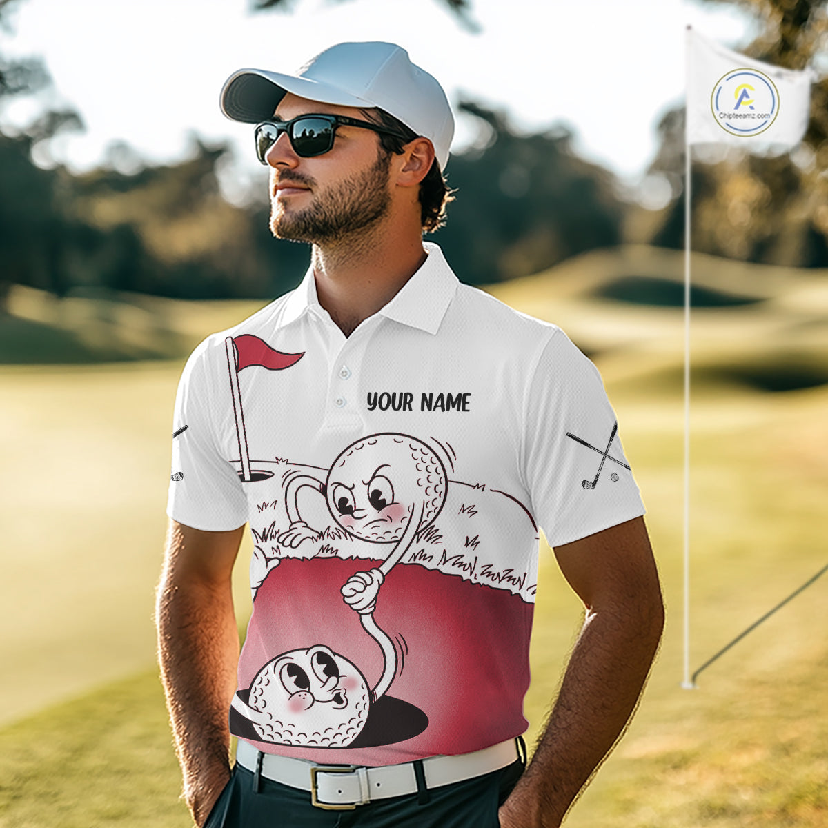 Red Funny Golf Rescue Team Polo Shirt Custom Name, Golf Ball Cartoon Polo, White Golf Shirt NBT601