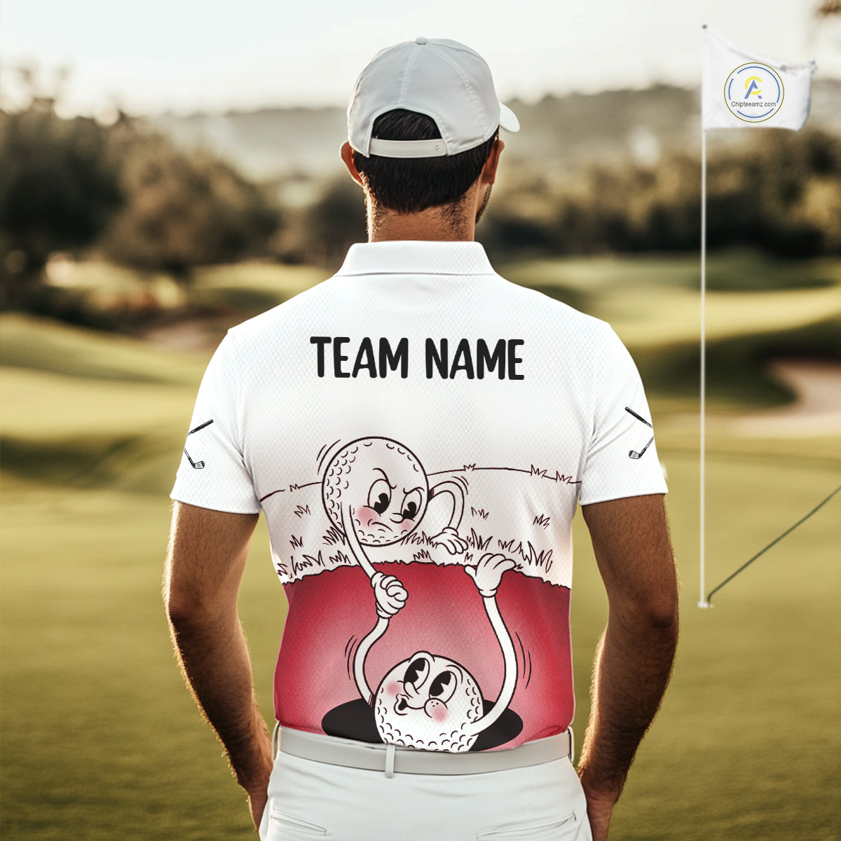 Red Funny Golf Rescue Team Polo Shirt Custom Name, Golf Ball Cartoon Polo, White Golf Shirt NBT601
