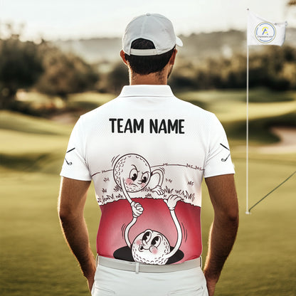 Red Funny Golf Rescue Team Polo Shirt Custom Name, Golf Ball Cartoon Polo, White Golf Shirt NBT601