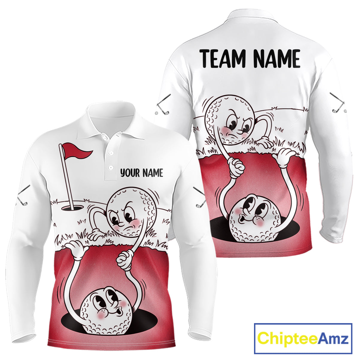 Red Funny Golf Rescue Team Polo Shirt Custom Name, Golf Ball Cartoon Polo, White Golf Shirt NBT601