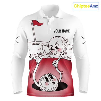 Red Funny Golf Rescue Team Polo Shirt Custom Name, Golf Ball Cartoon Polo, White Golf Shirt NBT601