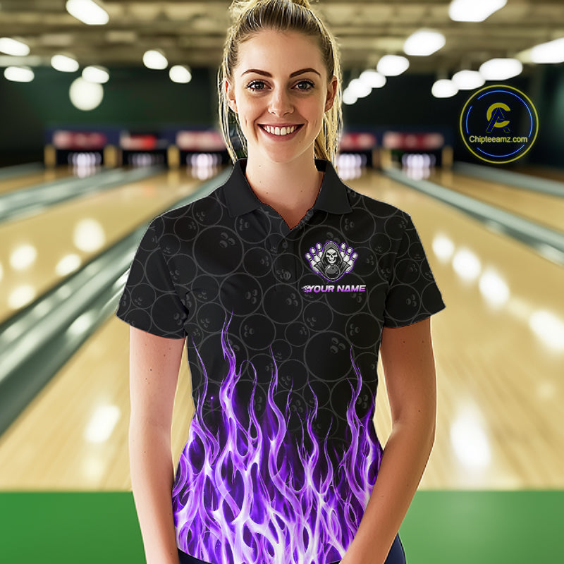 Custom Purple Fire Flame Grim Reaper Skull Bowling Women polo & 1/4 Quarter Zip Shirt, Halloween Outfit NBT900