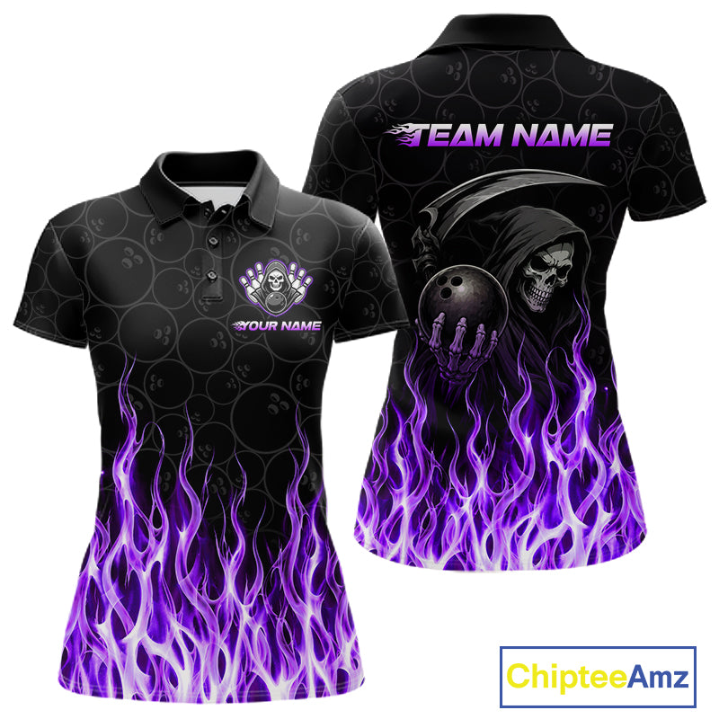 Custom Purple Fire Flame Grim Reaper Skull Bowling Women polo & 1/4 Quarter Zip Shirt, Halloween Outfit NBT900