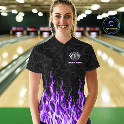 Custom Purple Fire Flame Grim Reaper Skull Bowling Women polo & 1/4 Quarter Zip Shirt, Halloween Outfit NBT900