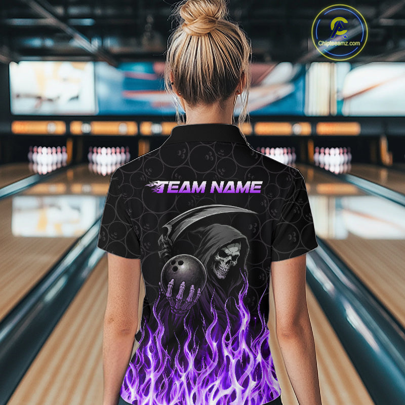 Custom Purple Fire Flame Grim Reaper Skull Bowling Women polo & 1/4 Quarter Zip Shirt, Halloween Outfit NBT900