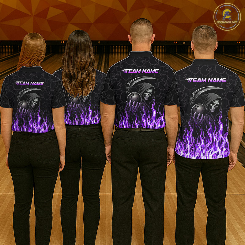 Custom Purple Fire Flame Grim Reaper Skull Bowling Women polo & 1/4 Quarter Zip Shirt, Halloween Outfit NBT900