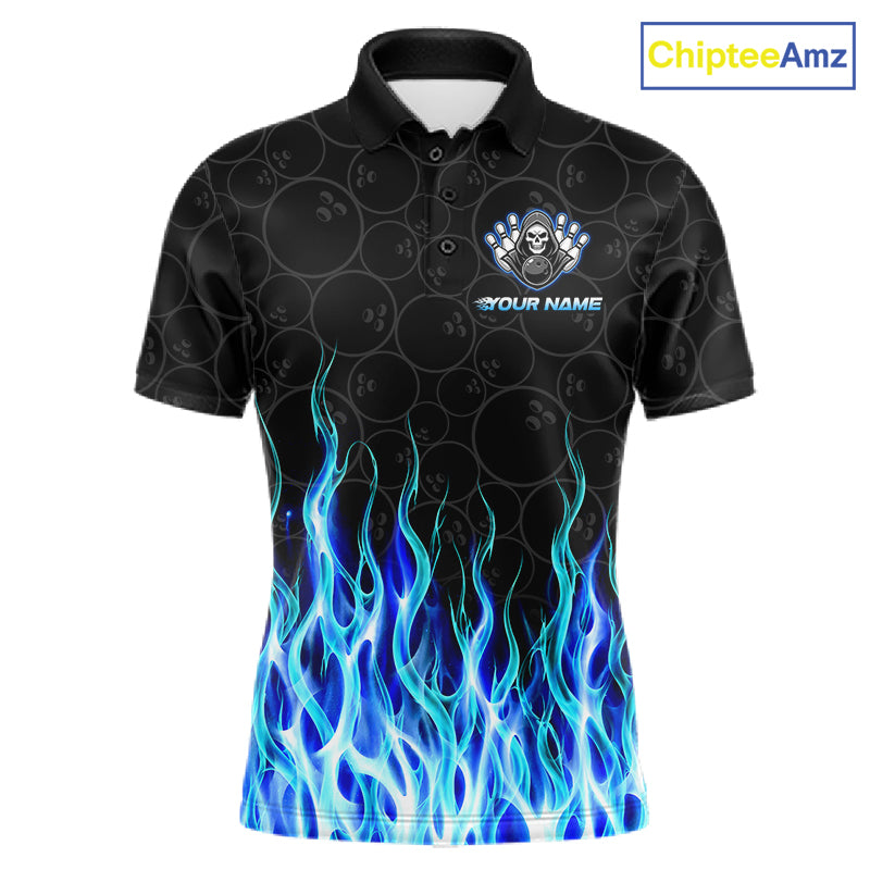 Custom Blue Fire Flame Grim Reaper Skull Bowling Menpolo & 1/4 Quarter Zip Shirt, Halloween Outfit NBT901