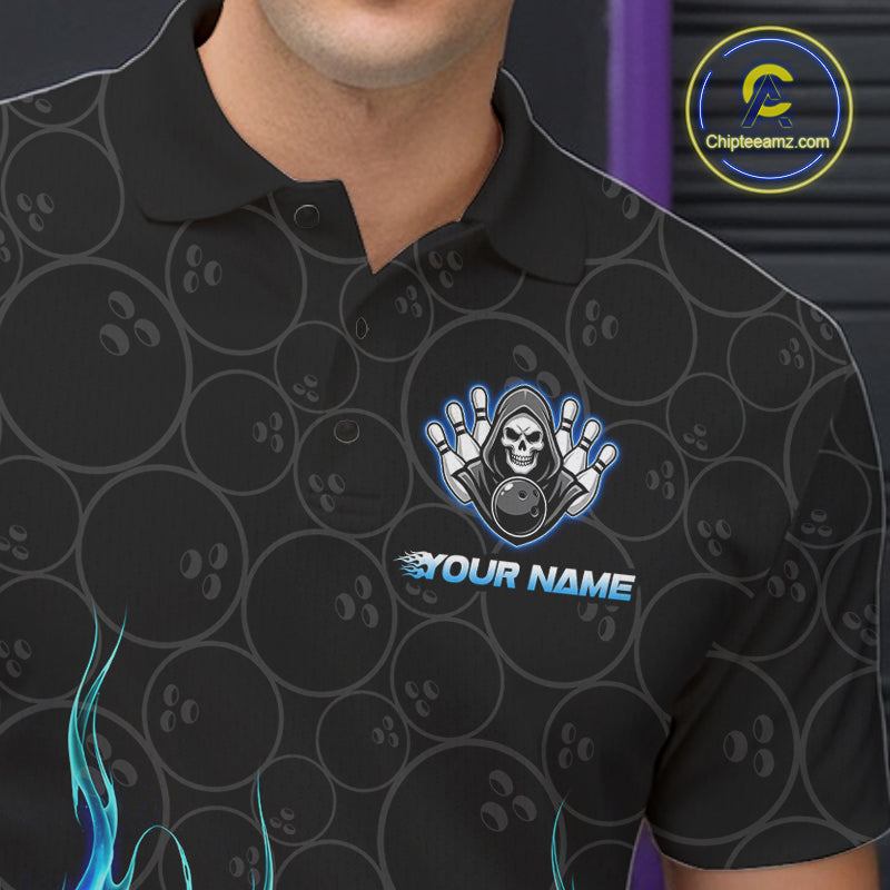 Custom Blue Fire Flame Grim Reaper Skull Bowling Menpolo & 1/4 Quarter Zip Shirt, Halloween Outfit NBT901