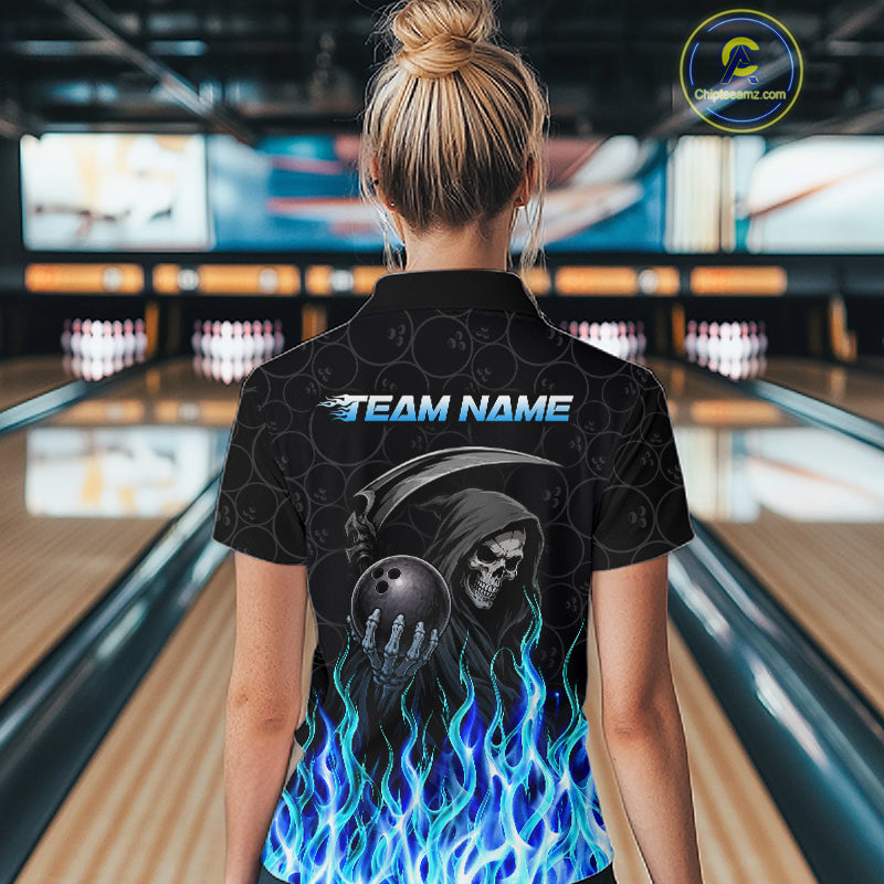Custom Blue Fire Flame Grim Reaper Skull Bowling Women polo & 1/4 Quarter Zip Shirt, Halloween Outfit NBT901