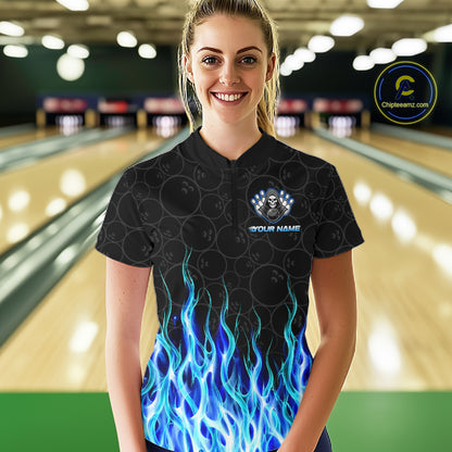 Custom Blue Fire Flame Grim Reaper Skull Bowling Women polo & 1/4 Quarter Zip Shirt, Halloween Outfit NBT901