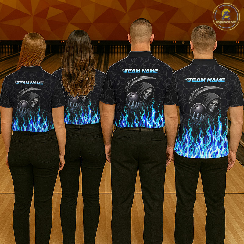 Custom Blue Fire Flame Grim Reaper Skull Bowling Women polo & 1/4 Quarter Zip Shirt, Halloween Outfit NBT901