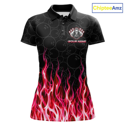 Custom Red Fire Flame Grim Reaper Skull Bowling Women polo & 1/4 Quarter Zip Shirt, Halloween Outfit NBT902