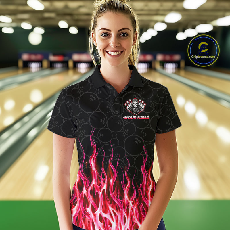 Custom Red Fire Flame Grim Reaper Skull Bowling Women polo & 1/4 Quarter Zip Shirt, Halloween Outfit NBT902