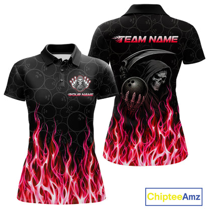 Custom Red Fire Flame Grim Reaper Skull Bowling Women polo & 1/4 Quarter Zip Shirt, Halloween Outfit NBT902