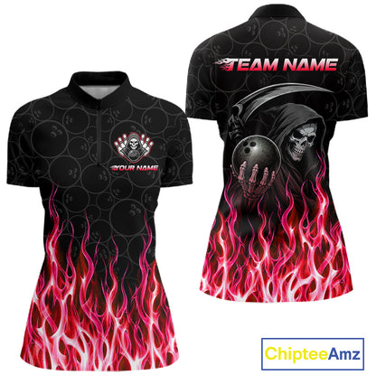 Custom Red Fire Flame Grim Reaper Skull Bowling Women polo & 1/4 Quarter Zip Shirt, Halloween Outfit NBT902