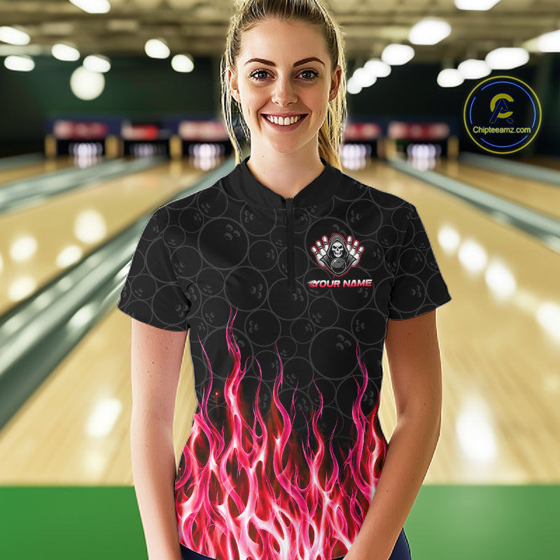 Custom Red Fire Flame Grim Reaper Skull Bowling Women polo & 1/4 Quarter Zip Shirt, Halloween Outfit NBT902