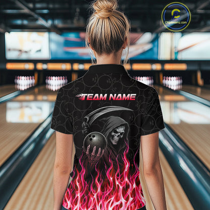 Custom Red Fire Flame Grim Reaper Skull Bowling Women polo & 1/4 Quarter Zip Shirt, Halloween Outfit NBT902