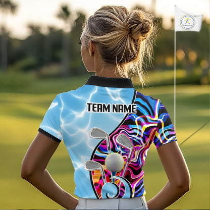 Womens Golf Polo Shirt Holographic Marble Golf Pattern For Team, Golf Attire For Women|Blue NBT724