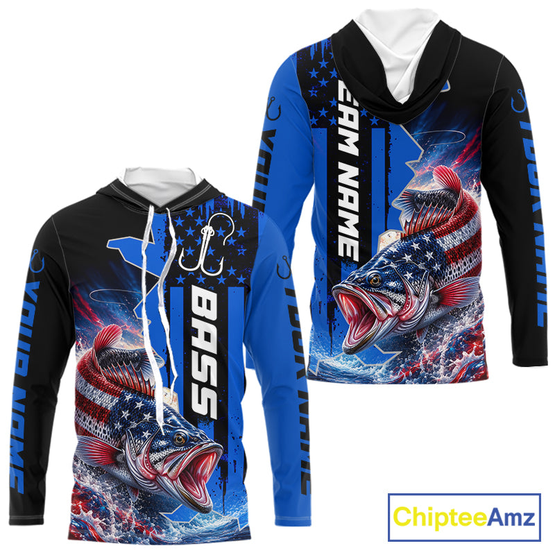 Front and back view of custom American flag bass long sleeve hooded fishing shirt, blue camo team jersey
