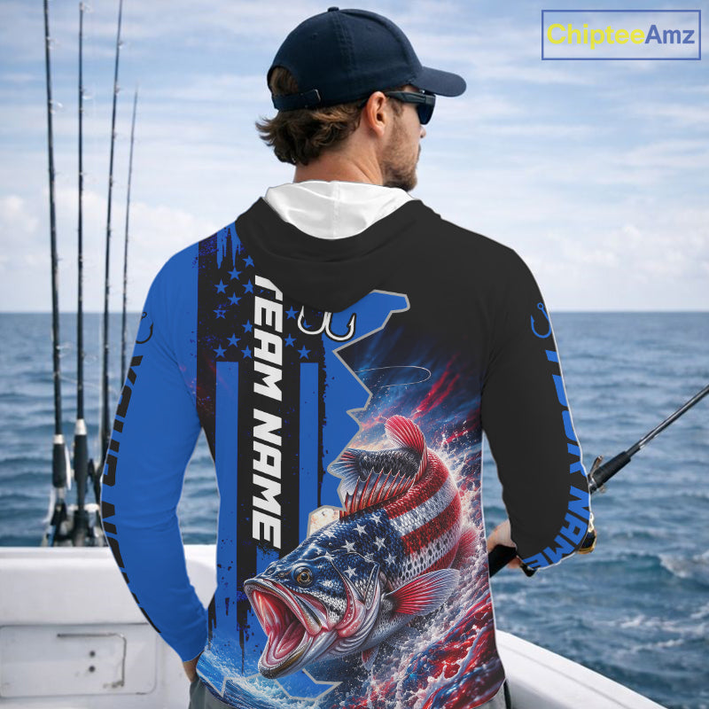 Angler wearing custom American flag bass patriotic blue camo long sleeve hooded fishing shirt on the water - back view