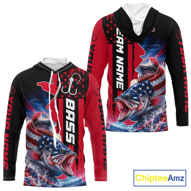 Front and back view of custom American flag bass long sleeve hooded fishing shirt, red camo team jersey