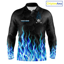 Load image into Gallery viewer, Mens long sleeve golf polo shirt blue flame pattern - front view, custom name available