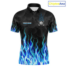 Load image into Gallery viewer, Mens golf polo shirt blue flame pattern - front view, custom name available