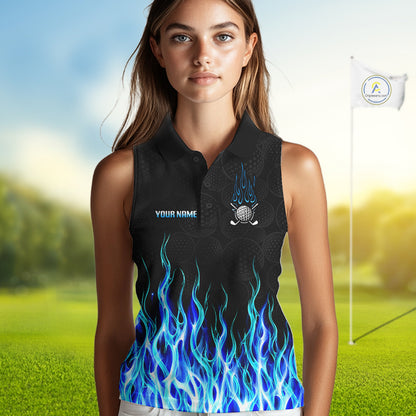 Model wearing sleeveless golf polo shirt turquoise flame pattern, breathable cotton fabric on golf course