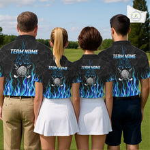 Load image into Gallery viewer, Golf team wearing matching blue flame pattern polo shirts, custom name &amp; team name, tailored fit