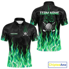 Load image into Gallery viewer, Mens golf polo shirt front and back view, custom team name, tailored fit for perfect golf swing