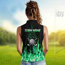 Load image into Gallery viewer, Model wearing golf polo shirt green flame pattern, breathable cotton fabric on golf course