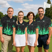 Load image into Gallery viewer, Golf team wearing matching green flame pattern polo shirts, custom name &amp; team name, tailored fit