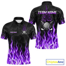 Load image into Gallery viewer, Mens golf polo shirt front and back view, custom team name, tailored fit for perfect golf swing