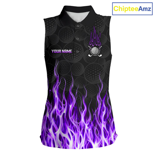 Womens sleeveless golf polo shirt purple flame pattern - front view, custom name available