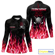 Load image into Gallery viewer, Womens long sleeve golf polo shirt front and back view, custom team name, tailored fit for perfect golf swing