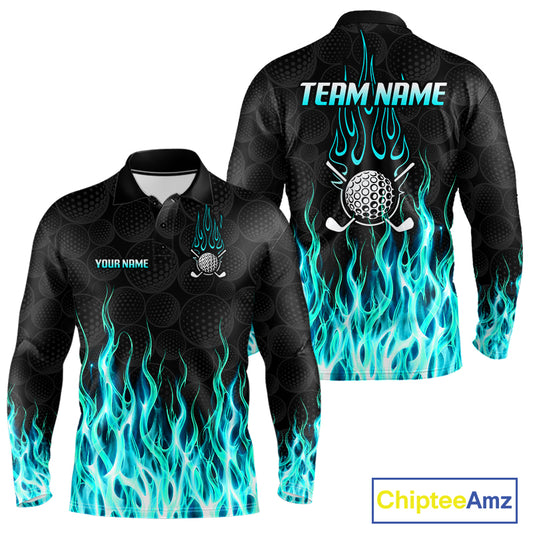 Golf Balls Turquoise Flame Pattern Mens Golf Polo Shirts Custom Name Golf Clothes For Men Golfing NBT834