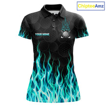 Load image into Gallery viewer, Womens long sleeve golf polo shirt turquoise flame pattern - front view, custom name available