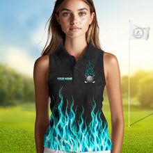 Load image into Gallery viewer, Model wearing sleeveless golf polo shirt turquoise flame pattern, breathable cotton fabric on golf course