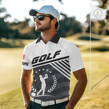 Load image into Gallery viewer, Model wearing golf polo shirt black white golf player pattern, breathable cotton fabric on golf course